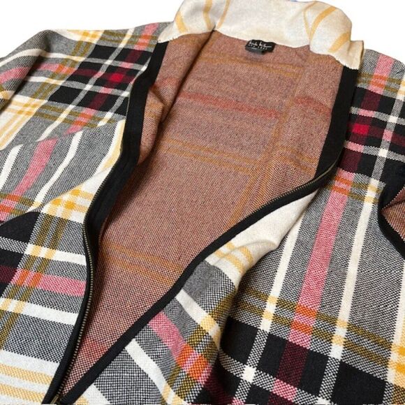 NWOT Nicole Miller Zip Front Poncho Cape Plaid Black Red Yellow Oversized S/M - Picture 13 of 14